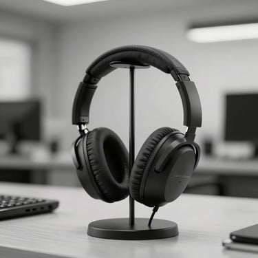 Over-ear noise-canceling headphones displayed on a sleek stand, modern Southern African / Zambian office context, grayscale.