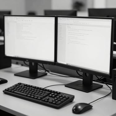 A dual-monitor workstation setup showing a clean desktop, Zambian corporate environment, black and white tones.