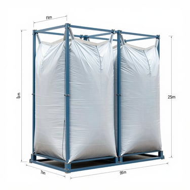 Technical schematic drawing of a four-loop FIBC big bag, clean steel-blue vector lines on a solid white canvas, showing reinforced lifting points and dimensions.