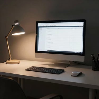 Wide shot of a minimal organized home office desk, single monitor showing a structured task board, warm desk lamp casting soft light to the left, dark background, no people visible, calm and deliberate workspace