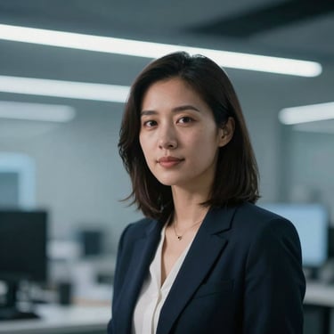 Orthographic high-contrast portrait of a female AI research director, cool-toned LED lighting.