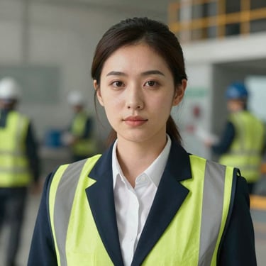 Orthographic portrait of a female infrastructure compliance director, sharp technical lighting.