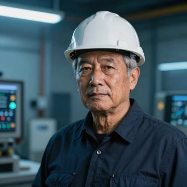 Orthographic high-contrast portrait of a senior traffic systems engineer looking forward, technical blue background lighting.