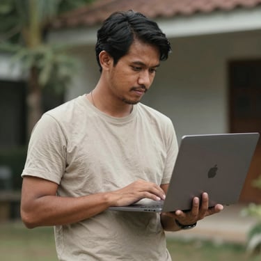 Smiling customer using a laptop with Jalinnet website open, surrounded by IT products.