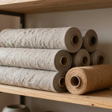 A neat stack of neutral-toned organic cotton and linen bolts in warm stone gray and classic tan resting on a clean minimalist wooden shelf, soft warm side lighting.