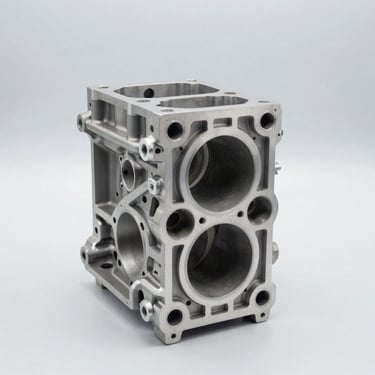 Clean car engine block assembly, bright studio lighting, neutral light gray background, sharp focus