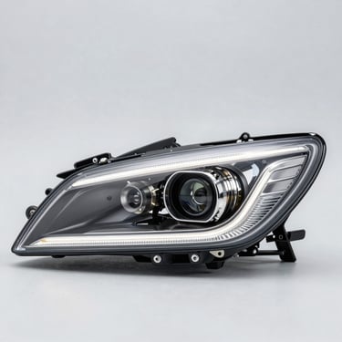 Clean modern car headlight assembly, bright studio lighting, neutral light gray background, sharp focus