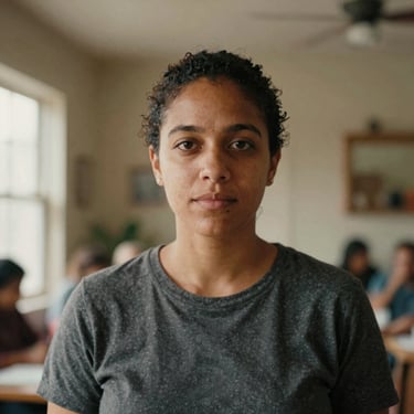 Eye-level portrait of a community organizer looking thoughtfully at the camera, warm ambient indoor light.
