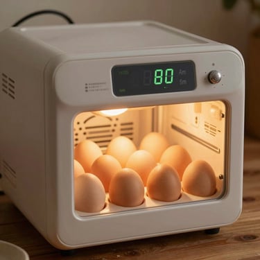 Compact egg incubator with digital display panel showing temperature, warm lighting inside, chicken eggs arranged neatly, square crop