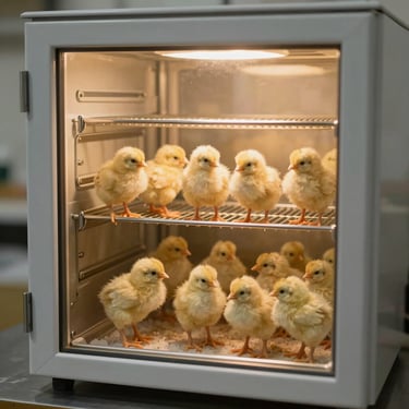 Professional multi-tier incubator cabinet in a clean farm workshop, newly hatched yellow chicks near the bottom tray, square crop