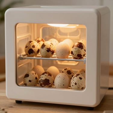 Double-tier egg incubator with transparent view window, quail eggs visible under soft amber light, square crop