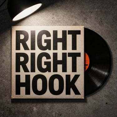 Overhead flat-lay of a vinyl record sleeve, Flannigan's Right Hook album artwork visible — bold high-contrast graphic design with deep black and warm concrete tones, edge of the vinyl disc peeking out, placed on a dark concrete surface under a single overhead studio lamp casting a hard shadow