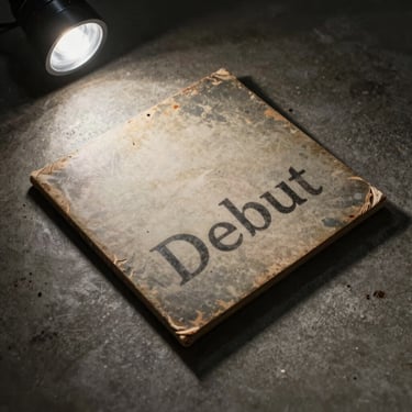 Debut album sleeve lying on a concrete floor under a single overhead bulb, deep shadows at the edges, worn cover with hand-stamped ink lettering, shot from above