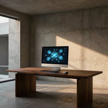A minimalist workspace in an modern architectural building, concrete walls, dark wood desk, a single glowing monitor displaying complex network nodes, subtle warm golden ambient light.