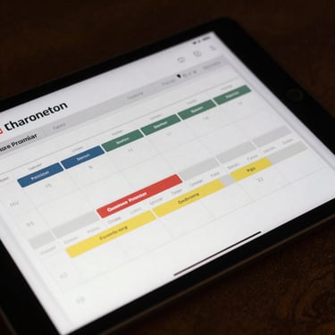 Square shot of structured content calendar and asset pipeline on a glass tablet