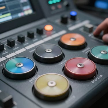 Square close-up of color grading wheels on a professional video editing console