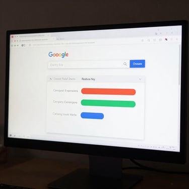 Square close-up of Google search campaign setup interface on a high-end dark monitor