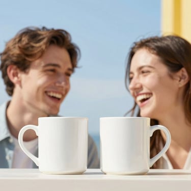 Bright outdoor photo of a happy couple laughing, warm sunlight, natural framing