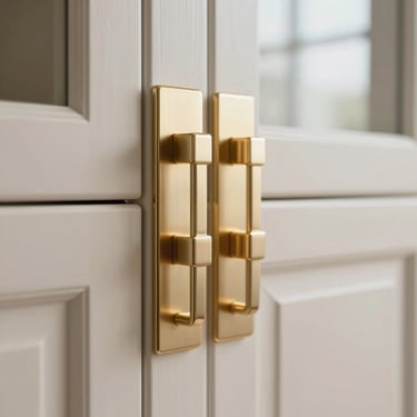 Macro close-up of brushed champagne gold metal hardware finish, elegant reflection, premium custom cabinetry detail.