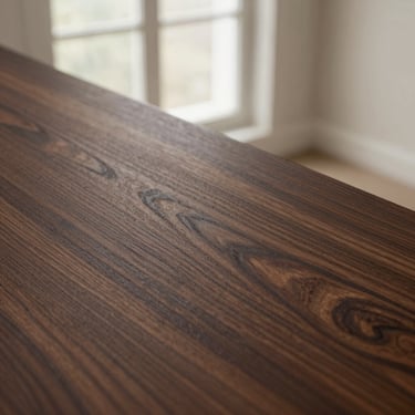 Macro close-up of dark walnut wood grain texture, deep chocolate tones, elegant satin finish.