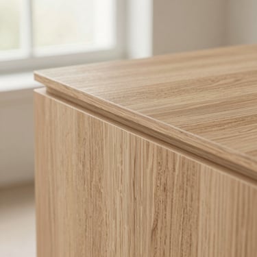 Macro close-up of premium natural oak veneer texture, fine wood grains, matte finish, soft side lighting.