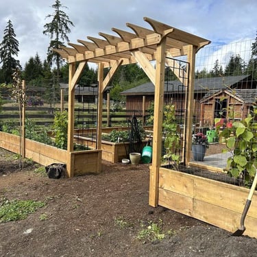Wooden garden pergola over raised beds with trellises, fencing, and tools in a cloudy yard.