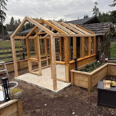 Wooden greenhouse under construction with gabled frame and installed panels beside raised garden beds in a fenced yard.