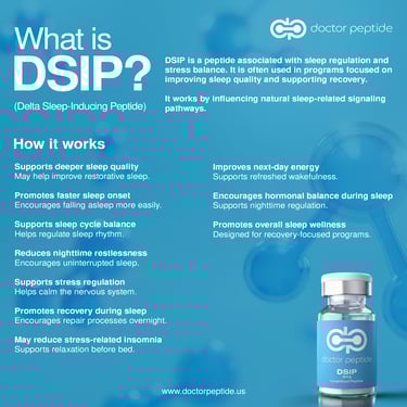 Infographic explaining Delta Sleep-Inducing Peptide (DSIP) benefits for sleep quality and stress regulation.