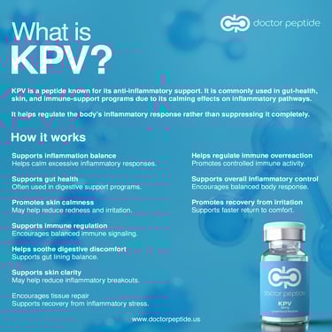 Infographic explaining KPV peptide benefits for gut health, skin clarity, and immune system inflammation support.