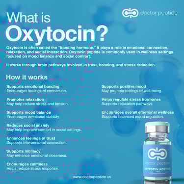 Infographic explaining oxytocin peptide benefits for emotional bonding, mood balance, and stress reduction.