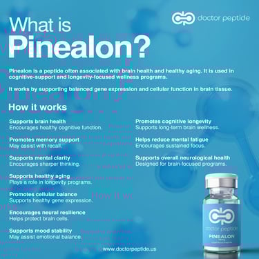 Infographic explaining Pinealon peptide benefits for brain health, cognitive support, and healthy aging.