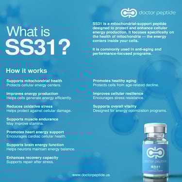 An infographic explaining SS31 mitochondrial peptide benefits for cellular energy, anti-aging, and vitality.