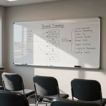 Empty conference room after a brand strategy session — whiteboard filled with positioning frameworks, marker residue visible, natural north-facing daylight, chairs pushed back, no people
