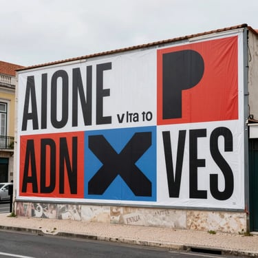 Wide shot of an outdoor campaign installation — large-format poster on an urban wall in Lisbon, bold typographic layout, overcast daylight, street visible in foreground, no people in focus