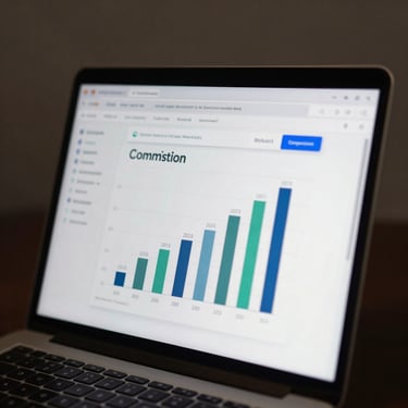 Close-up of a laptop screen showing a commission dashboard with a bar chart of monthly payouts in rupees, soft studio strobe lighting to avoid glare, clean data visualization, dark slate UI, no person visible