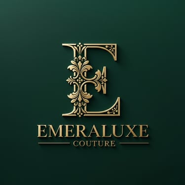 Elegant gold embossed Emeraluxe Couture logo featuring an ornate letter E on a dark emerald green background.