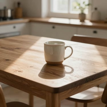 A sunlit wooden kitchen table with a single ceramic mug resting on the surface, soft natural daylight streaming from a window, peaceful residential atmosphere.