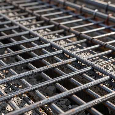 Macro high-contrast shot of heavy steel reinforcement mesh and raw concrete textures on an active industrial job site.