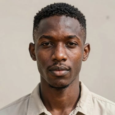 Dignified close-up portrait of a young African male talent scout, bright daylight, soft neutral background.