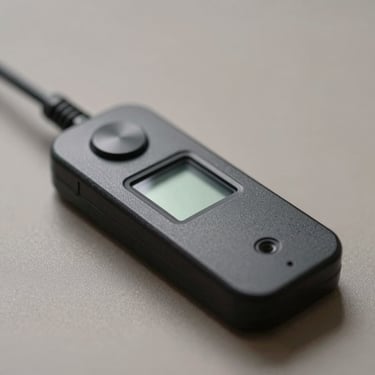 Close-up of a small electronic toll tag device on a flat surface, neutral studio background, even lighting