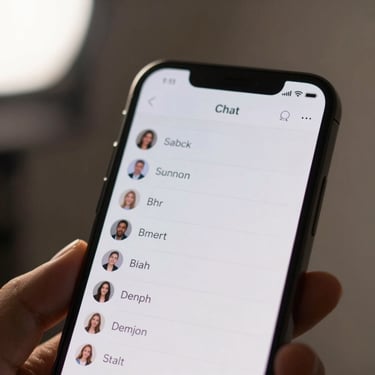Close-up of a smartphone screen displaying a chat support interface with a short message thread, neutral background, studio light