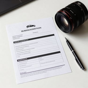 Flat-lay overhead view of a vehicle subscription document on a clean white desk, pen resting beside it, studio lighting