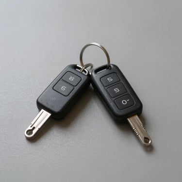 Close-up overhead of two sets of car keys on a matte desk surface, clean studio light, minimal composition