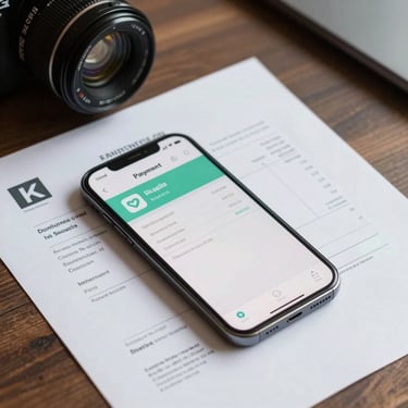 Overhead shot of a printed invoice beside a smartphone showing a payment confirmation screen, clean desk, studio light