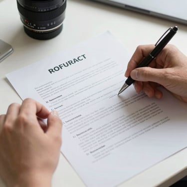 Flat-lay of a hand holding a pen crossing out a line on a printed contract, white desk, daylight