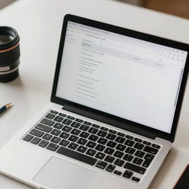 Overhead flat-lay of a laptop screen showing a form with fields being filled, clean desk, even daylight