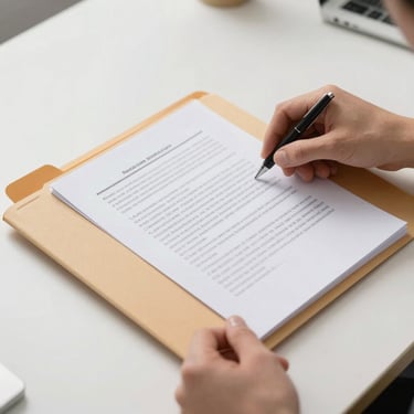 Overhead of a hand placing a document into a labeled folder on a desk, clean studio lighting