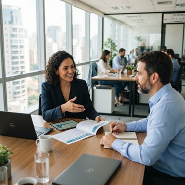 Modern Brazilian business partners discussing health benefits in a bright, sunlit office, professional corporate photography, 35mm lens