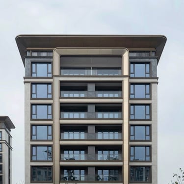 Sober architectural lines of a modern residential estate, soft overcast light, elegant composition