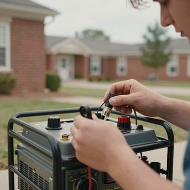 Close-up of hands wiring a portable generator outside a brick community clinic, natural overcast daylight, cinematic 35mm film look.
